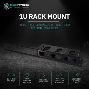 May include: A black 1U rack mount designed to hold three Blackmagic Optical Fiber 12G Mini Converters. The unit features a textured finish, secure converter retention, dual-port orientation, and is constructed from lightweight and durable PETG material.