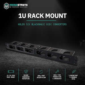 May include: A black 1U rack mount designed to hold six Blackmagic BiDi converters. The unit features a horizontal frame with six rectangular cutouts for device placement. Text on the image includes MKNASTRATA 3D PRINTING SOLUTIONS, 1U RACK MOUNT, HOLDS SIX BLACKMAGIC BIDI CONVERTERS, 1U 19-INCH RACK MOUNT, SECURE CONVERTER RETENTION, DUAL-PORT ORIENTATION, BUILT FOR PRODUCTION & BROADCAST, and LIGHTWEIGHT & DURABLE PETG.