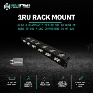 May include: A black 1RU rack mount designed to hold 6 Blackmagic Design SDI to HDMI or HDMI to SDI micro converters. The unit features secure converter retention, dual-port orientation, and is constructed from lightweight, durable PETG material.