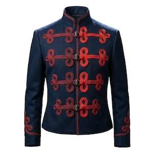Marinblå husarjacka — Flätad ceremoniell rock, historisk kavalleriuniform, napoleonsk dressjacka, marschorkesterjacka