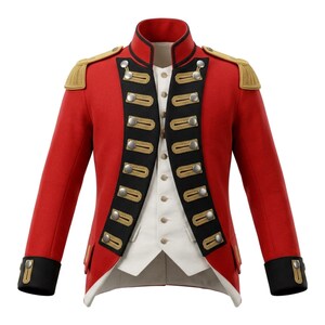 Op de afbeelding: Een rode militaire jas met gouden epauletten en biezen. De jas heeft zwarte accenten, gouden knopen en een wit vest eronder. De mouwen hebben zwarte manchetten met gouden details. Historisch kledingstuk.