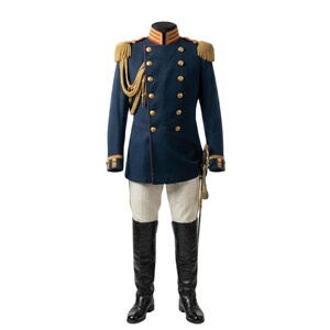 Kunglig militär uniformsjacka | Marinblå officersrock i ull med guldfärgade epåletter och mässingsknappar | Paradklädsel