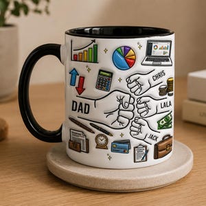 May include: White ceramic mug with a black handle and rim, featuring illustrations of financial symbols, a pie chart, laptop, calculator, and the word "DAD". The mug also has the names "Chris", "Lala", and "Jack".