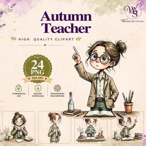Pacote de Ilustrações Aquarelas Divertidas e Despojadas para Professora de Outono, em PNG, Download Digital