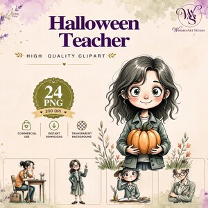 Pacote de ilustrações PNG para o Halloween, em estilo aquarela, com um toque peculiar e despojado, perfeito para homenagear os professores. Disponível para download digital.