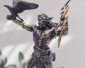 Zeus Sculpture, Hand-Painted Polyresin, Eagle and Lightning, Mythological Statue