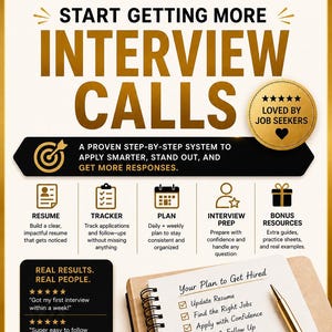 Puede incluir: Anuncio de un sistema de solicitud de empleo. La imagen presenta el texto "The Complete Job Application System" y "Start Getting More Interview Calls". Incluye iconos para la creación de currículums, el seguimiento de solicitudes, la planificación, la preparación de entrevistas y recursos adicionales. Un bloc de notas con un bolígrafo enumera los pasos para ser contratado.