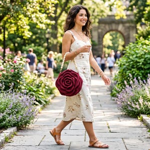 Puede incluir: Un bolso de mano de color rojo oscuro con forma de rosa y asa de cuentas de perlas blancas, combinado con un vestido midi de color crema con un sutil estampado floral y sandalias de cuero marrón, mientras camina por un sendero de piedra.
