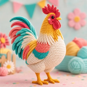 May include: A colorful crochet rooster figurine with a red comb, yellow beak, and a vibrant tail featuring shades of teal, pink, and yellow. The body is primarily cream-colored, with yellow and white accents. The rooster stands on yellow feet.