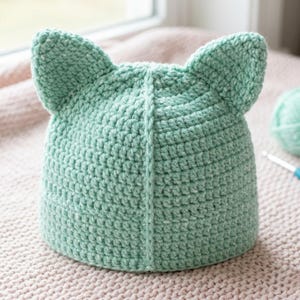 May include: A mint green crochet beanie featuring two pointed cat-like ears on the top. The hat is constructed with a dense, uniform stitch pattern and includes a visible vertical seam running down the centre of the front panel of the headwear.