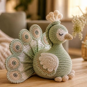 Könnte beinhalten: Ein handgehäkelter Pfau in Grün-, Beige- und Cremetönen. Der Pfau hat einen detaillierten Schwanz, eine Krone und einen gebogenen Schnabel. Das Plüschtier sitzt auf einer Holzoberfläche.