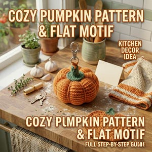 May include: A crocheted orange pumpkin with a green stem and a silver metal lobster clasp, accompanied by a flat crocheted pumpkin motif, a set of keys, garlic cloves, a sprig of herbs, and a folded card on a wooden surface with text overlays.
