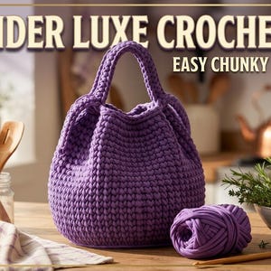 May include: A lavender crochet bag with a chunky texture and a single handle, accompanied by a matching ball of yarn. The text LAVENDER LUXE CROCHET BAG and EASY CHUNKY DIY PATTERN is displayed in the upper portion of the image.