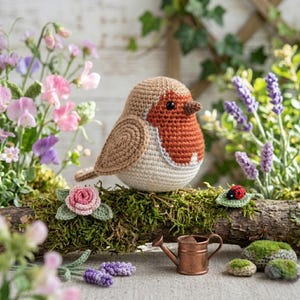 Puede incluir: Una figura de petirrojo tejida a ganchillo con espalda marrón, pecho naranja y vientre crema. El pájaro se asienta sobre un tronco cubierto de musgo junto a una pequeña regadera color cobre, una rosa tejida a ganchillo y una mariquita.