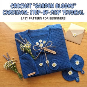 Könnte beinhalten: Eine blaue Häkeljacke mit weißen Gänseblümchen-Applikationen, einem Holzschild mit der Aufschrift Garden Blooms und einer Bindeschleife. Der Text lautet CROCHET GARDEN BLOOMS CARDIGAN: STEP-BY-STEP TUTORIAL EASY PATTERN FOR BEGINNERS. Enthält zwei gehäkelte Blattmotive.