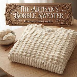 May include: A cream-colored long-sleeve sweater featuring a textured bobble pattern, a ribbed crew neckline, and a ribbed hem. A wooden sign above reads THE ARTISAN'S BOBBLE SWEATER Ethereal Cream Crochet. A bowl of yarn balls sits to the left.
