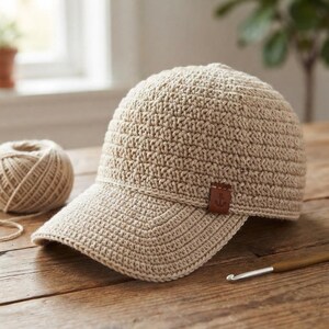 May include: A beige crochet baseball cap featuring a textured stitch pattern and a small brown leather tag on the side embossed with an anchor symbol. The cap has a structured brim and a rounded crown, crafted from a light tan yarn material.