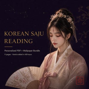 Puede incluir: Una mujer con vestimenta tradicional coreana, sosteniendo un abanico, con el texto "KOREAN SAJU READING". La imagen incluye el texto "Personalized PDF + Wallpaper Bundle", "9 páginas" y "Hand-crafted in 48 hours". El fondo es morado oscuro con estrellas.