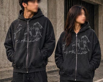 Bluza z kapturem z grafiką Y2K Vintage 90s. Emo, grunge, punk, odzież gotycka.