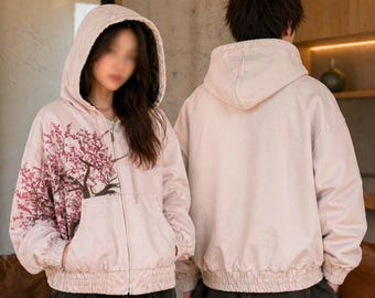 Bluza z kapturem z haftowanymi kwiatami wiśni, bluza z motywem kwiatowym, japońska odzież uliczna