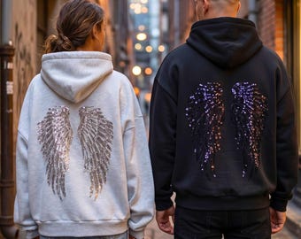 Bluza z kapturem z aniołem, oversize'owa bluza z cekinami i brokatem, ubrania w stylu gotyckim