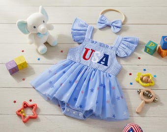 Patriotisk babyflicka tutu-sparkdräkt med rosett | USA 4 juli-outfit | Söt röd vit blå babybody | Spädbarnsoutfit för självständighetsdagen
