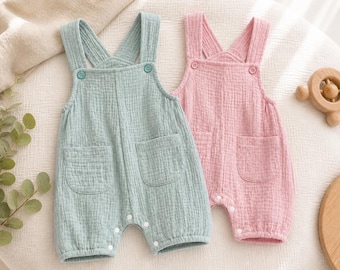 Baby Strampler Set Musselin | Weicher Baumwoll Baby Overall | Skandinavisches Baby Outfit | Rosa und Blau Baby Strampler | Neutrale Babykleidung