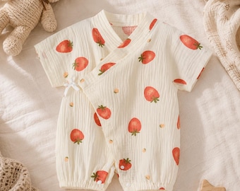 Soft Muslin Kimono Baby Romper | Strawberry Print Newborn Outfit, Gender Neutral Summer Clothes