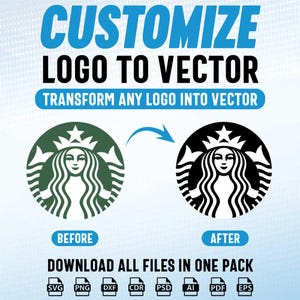 May include: Image showcasing a logo transformation service. The text reads "CUSTOMIZE LOGO TO VECTOR" and "TRANSFORM ANY LOGO INTO VECTOR." It displays a before-and-after comparison of a logo, along with file format icons: SVG, PNG, DXF, CDR, PSD, AI, PDF, and EPS.