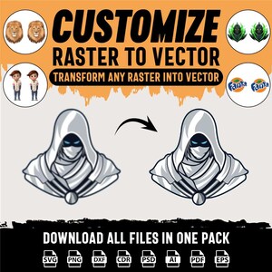 Puede incluir: Imagen que promociona servicios de conversión de mapa de bits a vector. Presenta un personaje estilizado, iconos y el texto "CUSTOMIZE RASTER TO VECTOR". Incluye iconos de tipo de archivo como SVG, PNG y PDF. El diseño general tiene un fondo negro y naranja.