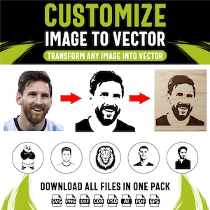 Puede incluir: Una imagen que promociona servicios de conversión a vector. La pancarta superior dice "CUSTOMIZE IMAGE TO VECTOR" y "TRANSFORM ANY IMAGE INTO VECTOR". Debajo, una foto se transforma en un gráfico vectorial y luego en una imagen grabada en madera. Se muestran iconos y tipos de archivos.