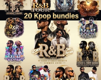 May include: A selection of R&B tour posters featuring Usher, Chris Brown, and Raymond & Brown. The posters are in gold and black, with the text "R&B Tour" and "Summer 2020". The text "20 Kpop bundles" is also visible on the image.