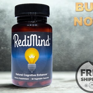May include: A dark amber plastic bottle with a black screw-top lid containing 30 vegetable capsules. The label features the text RediMind, a yellow lightbulb graphic, and the words Natural Cognitive Enhancer and Dietary Supplement.