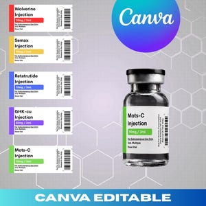 Op de afbeelding: Afbeelding van een Canva-merk met peptide label templates. De afbeelding toont mock-up labels voor injecties, waaronder "Wolverine", "Semax" en "Mots-C". Een flesje "Mots-C Injection" is ook te zien.
