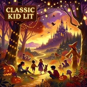 Może przedstawiać: Ilustracja z napisem "CLASSIC KID LIT" na drewnianym szyldzie. Dzieci czytają w magicznym lesie z zamkiem, dyniami i strachem na wróble, oświetlonym łańcuchami świetlnymi i tęczą.