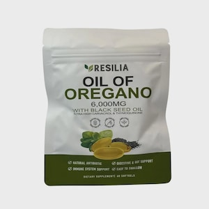 Puede incluir: Una bolsa blanca de suplemento dietético Resilia Oil of Oregano 6.000 mg con aceite de semilla negra. El envase presenta texto verde, un gráfico de hojas de orégano y semillas negras, tres cápsulas blandas doradas e iconos de sin gluten.