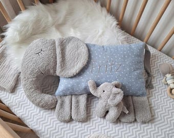 Personalized Animal Shaped Muslin Pillow, Kuschelkissen personalisiert, Custom Embroidered Name Gift, Handcrafted Animal Cushion / Elefant