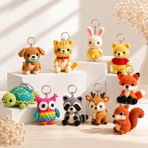 Mini virkmönster för nyckelringar med djurmotiv Amigurumi PDF Nybörjare Hund Katt Kanin Räv Sköldpadda