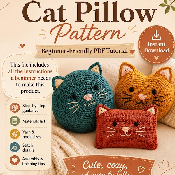 Crochet Cat Pillow Pattern – 3 Beginner-Friendly Designs (PDF Download)