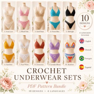 Crochet Underwear Sets PDF Patterns, Lingerie Bralette Panty Tutorial, Multilingual Handmade Designs Bundle Collection