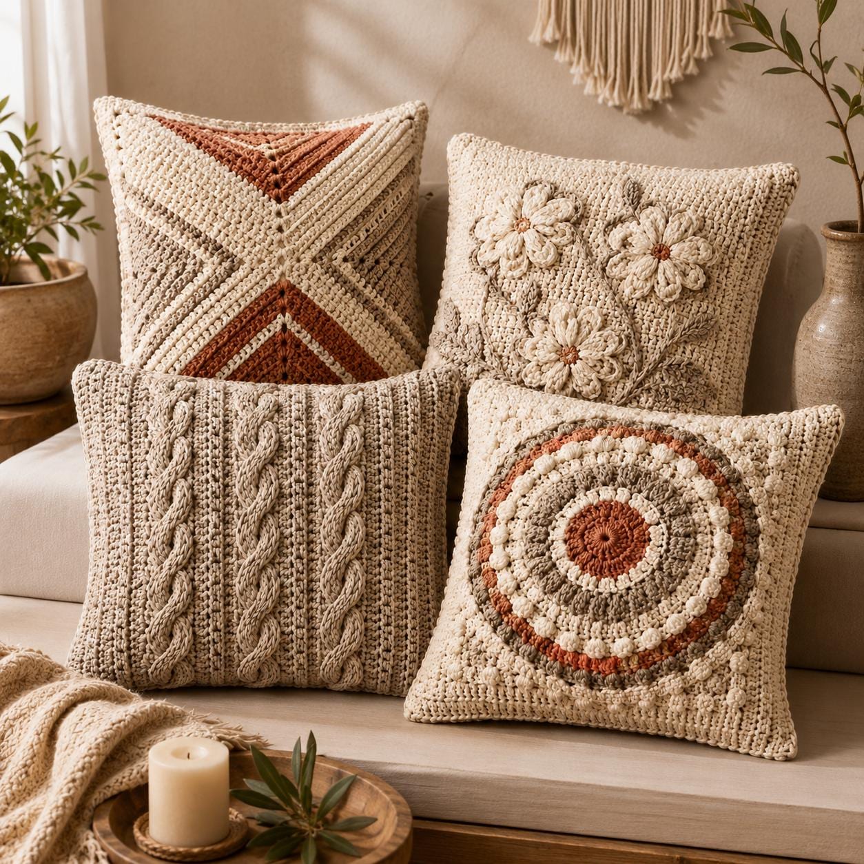 Elegant Crochet Pillow Patterns Bundle Four Boho Cushion