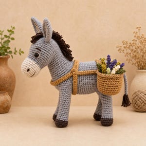 Gehaakte ezel amigurumi patroon pdf fietstas mand bloem boerderij dieren kinderkamer speelgoed cadeau downloaden