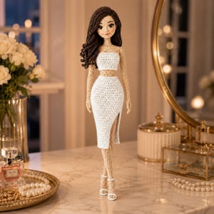 Élégant modèle de poupée tendance au crochet, grand Amigurumi PDF, tenue pour cheveux bouclés, sandales, tutoriel numérique