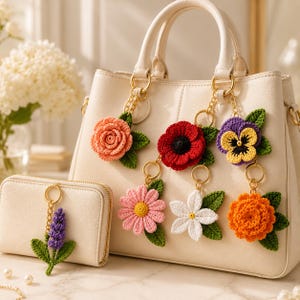 May include: A cream-colored handbag and matching wallet adorned with multiple crocheted flower keychains. The flowers include a peach rose, a red poppy, a purple and yellow pansy, a pink daisy, a white blossom, an orange marigold, and a purple lavender.