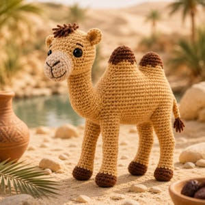 May include: A crochet camel toy featuring a light tan body with dark brown accents on the two humps, the tuft of hair on its head, and the hooves. The stuffed animal has black plastic eyes and a stitched mouth, standing on four legs.