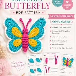 May include: A crochet butterfly PDF pattern with a turquoise, yellow, and pink design. The image includes step-by-step instructions, a beginner-friendly layout, and is perfect for digital download. Text on the image says "Crochet Butterfly PDF Pattern".