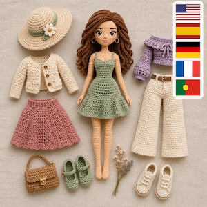 11 virkade garderobsmönster för modedockor i PDF-format, amigurumi, accessoarer för kläder, mössor och skor för nybörjare