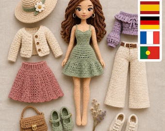 11 Fashion Doll Crochet Wardrobe Patterns PDF, Amigurumi Clothes Accessories, Dress Hat Shoes Beginner