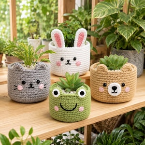 Tier häkeln Pflanzer Muster Katze Hase Bär Frosch Topflappen Sukkulente Dekor PDF Anleitung