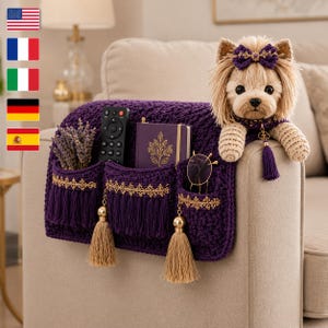 Royal Purple Crochet Dog Sofa Armrest Organizer Pattern, Cute Puppy Couch Caddy PDF Handmade Remote Holder Tutorial, Crochet Home Decor GifT